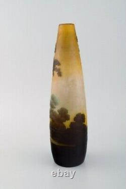 Antique Emile Gallé vase in yellow frosted and dark art glass. Rare model