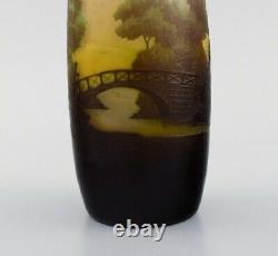 Antique Emile Gallé vase in yellow frosted and dark art glass. Rare model
