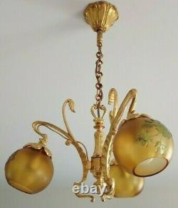 Antique French Art Deco Nouveau Chandelier Bronze Cameo Glass Wall sconces Lamp