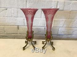 Antique French Baccarat Crystal Pair of Red Clear Etched Cameo Vases Metal Bases