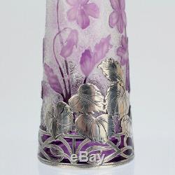 Antique French Burgun & Schwerer Silver Overlay Purple Art Glass Cameo Vase GL