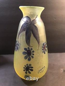 Antique French Glass Vase Signed Legras/ Art Deco/ France C. 1920/ Cameo/ Green