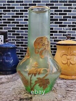 Antique French Signed Mont Joye Large Sea Green Cameo and Gilt Vase circa 1905