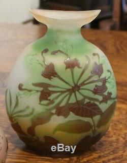 Antique Galle Cameo Art Glass Floral Vase Pilgrim or flask shaped 8 1/2
