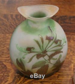 Antique Galle Cameo Art Glass Floral Vase Pilgrim or flask shaped 8 1/2