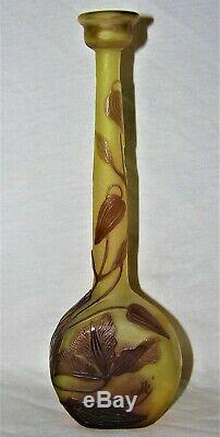 Antique Galle French Cameo Etched Art Glass Banjo Vase Signed