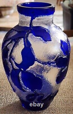 Antique Harrach Bohemian Cameo Cobalt Cut To Textured Clear Vase Clematis