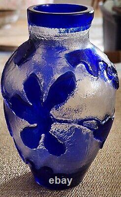 Antique Harrach Bohemian Cameo Cobalt Cut To Textured Clear Vase Clematis