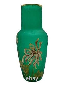Antique LEGRAS Green Textured French Cameo Glass Vase with Yellow Flowers