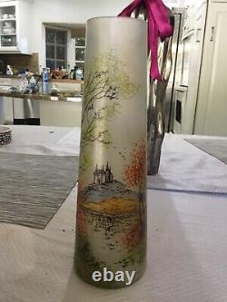 Antique Legras Glass Vase Painted Enamel, Paris 11 Inches Tall RARE