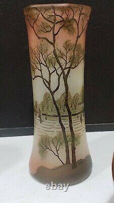 Antique Legras Scenic Trees Lake Glass Vase Painted Enamel 11.25 Signed Depose