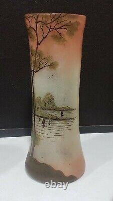 Antique Legras Scenic Trees Lake Glass Vase Painted Enamel 11.25 Signed Depose