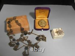 Antique Lot Rare Lava Carved Cameo Art Deco Brass Necklace Sterling Spider Ring