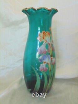 Antique Mont Joye Enamel Iris Floral Turquoise French Cameo Glass Tall Vase 12