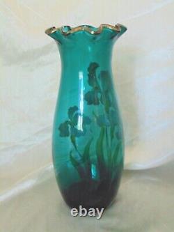 Antique Mont Joye Enamel Iris Floral Turquoise French Cameo Glass Tall Vase 12