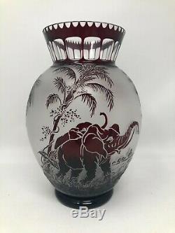 Antique Moser Art Glass Ruby Red Cameo Animor Elephants Vase 9 1/4