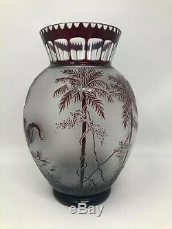 Antique Moser Art Glass Ruby Red Cameo Animor Elephants Vase 9 1/4