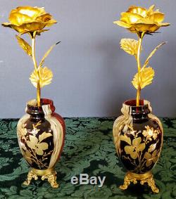 Antique Moser Rare Ruby & Cream Cameo Glass Vases w-22k Gold Flowers Painted On