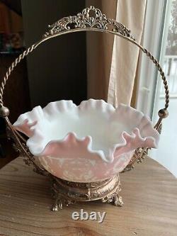 Antique Mt. Washington Cameo Pink Griffin Art Glass Brides Basket- 1890's