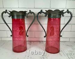 Antique Pair Enameled Cranberry Glass Mary Gregory Vases Pewter Handles
