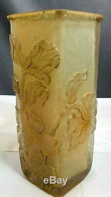 Antique Signed Daum Nancy Cameo Art Glass Cut Vase withRaised Gilt Edged Flowers