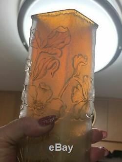 Antique Signed Daum Nancy Cameo Art Glass Cut Vase withRaised Gilt Edged Flowers