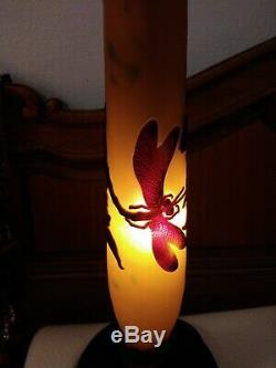Antique Signed Galle Tall Cameo French Art Glass Floral Lamp Base 18 Dragonfly