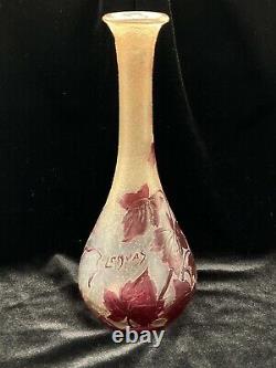 Antique Signed Legras Cameo Glass French Vase Acid Etched Raspberry Leaf Motif
