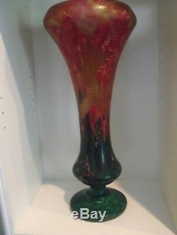 Antique Signed Monumental Daum Nancy Cameo Glass Red/Yellow Iris Vase, 19 Tall