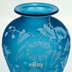 Antique Thomas Webb & Sons Blue Cameo Art Glass Vase with Morning Glories GL