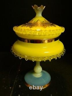 Antique Venetian Murano Cameo Yellow Opalescent Gilded Glass Covered Compote Exc