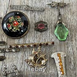 Antique Victorian Art Deco Rhinestone Brooch Pin Jewelry Lot Green Glass Cameo