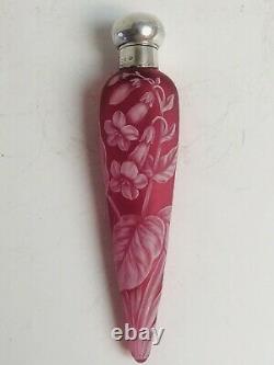 Antique Victorian Perfume Bottle Vial English Pink Cameo Art Glass Sterling