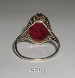Antique Vintage Art Deco 14K WHITE GOLD FILIGREE Ruby Glass Intaglio Cameo Ring