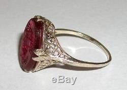 Antique Vintage Art Deco 14K WHITE GOLD FILIGREE Ruby Glass Intaglio Cameo Ring