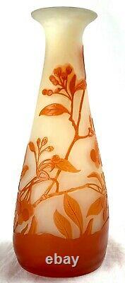 Antique Vtg GALLE CAMEO TANGERINE Orange Art Glass 7 Flower Floral Signed VASE