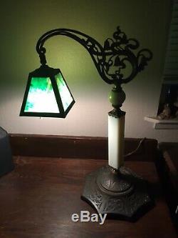 Antiques Bridge Arm Lamp Green Slag Glass Optional Shades Slag Art Glass Cameo