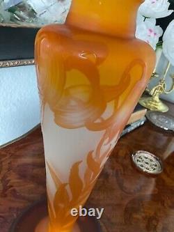Antq. 1904 baluster-shape VaseE. Galle Large Original Cameo Art Glass Signed Lily