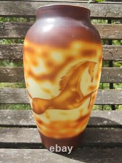 Art Deco Cameo Acid Etched Art Glass Amber Color Vase Galloping Wild Horse 1920