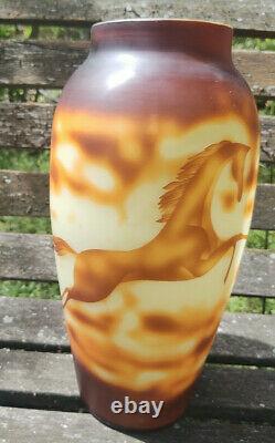 Art Deco Cameo Acid Etched Art Glass Amber Color Vase Galloping Wild Horse 1920