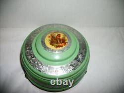 Art Deco Powder Box Jar Uranium Glass Glowing Jade Green Enamel Frenchman Cameo