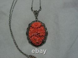 Art Deco Sterling Silver, Marcasites, Coral Glass Flower Cluster Cameo Necklace