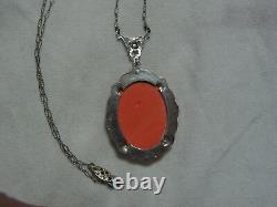 Art Deco Sterling Silver, Marcasites, Coral Glass Flower Cluster Cameo Necklace