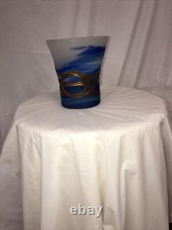 Art Deco Style Hand Made Blown Glass Vase Metal Coated Aqua Blue #2