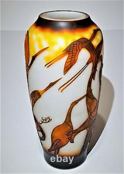 Art Deco Woman with Cranes Cameo Glass Vase After Emile Galle Art Glass Unusual