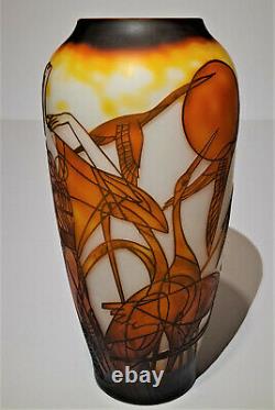 Art Deco Woman with Cranes Cameo Glass Vase After Emile Galle Art Glass Unusual