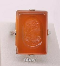 Art Nouveau 18k wg Orange Intaglio Glass Lady Profile Cameo Ring size 6.75