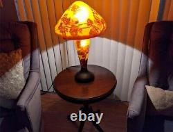 Art Nouveau 23 Galle Style Cameo Glass Mushroom Shade Lamp With Fall Leaves