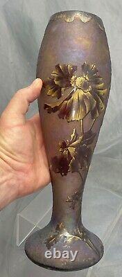 Art Nouveau French Carved Cameo Glass Tall Vase Iridescent Floral Mont Joye
