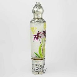 Art Nouveau French Sterling Silver Acid Etched Cameo Glass Liquor Flask Bottle